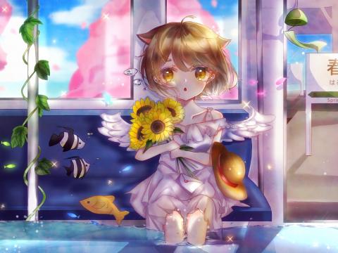 Neko Angel Sunflowers Bouquet Anime Art