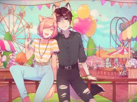 Neko Couple Smile Amusement-park Happy Anime