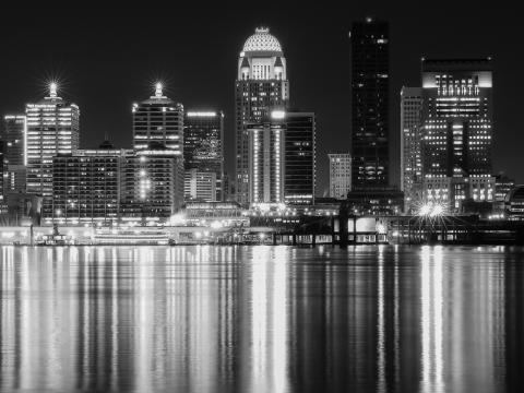 Night-city City Buildings Lights Water Reflection Black-and-white