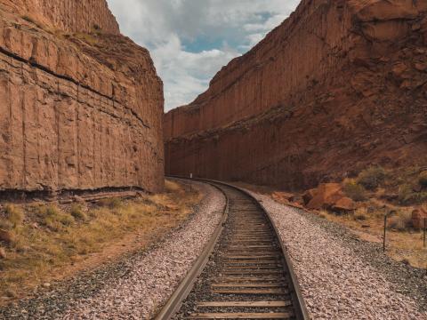 Railway Rails Turn Canyon Rocks Landscape