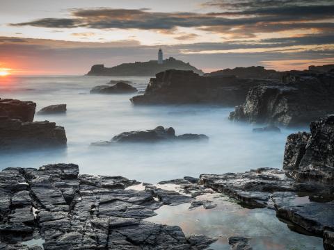 Rocks Sea Fog Twilight Landscape Nature