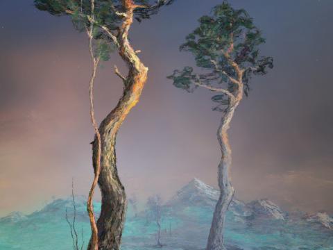 Silhouette Trees Mountains Landscape Twilight Art