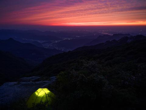 Tent Hike Mountains Twilight Dark