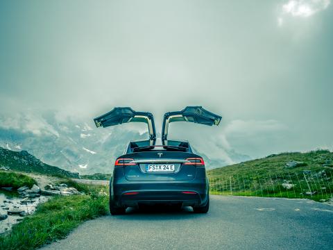 Tesla Car Black Road Mountains