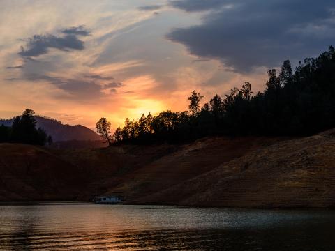 Trees Silhouettes Lake Sunset Landscape Dark