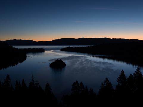 Trees Silhouettes Lake Twilight Dark