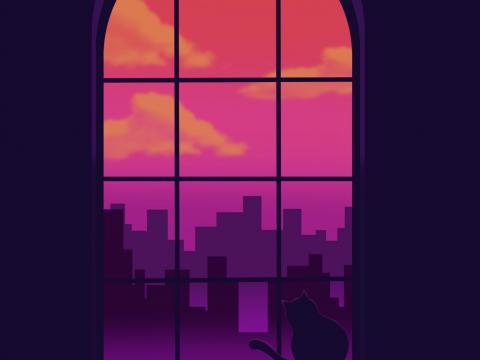 Window Cat Silhouettes Buildings Purple Art